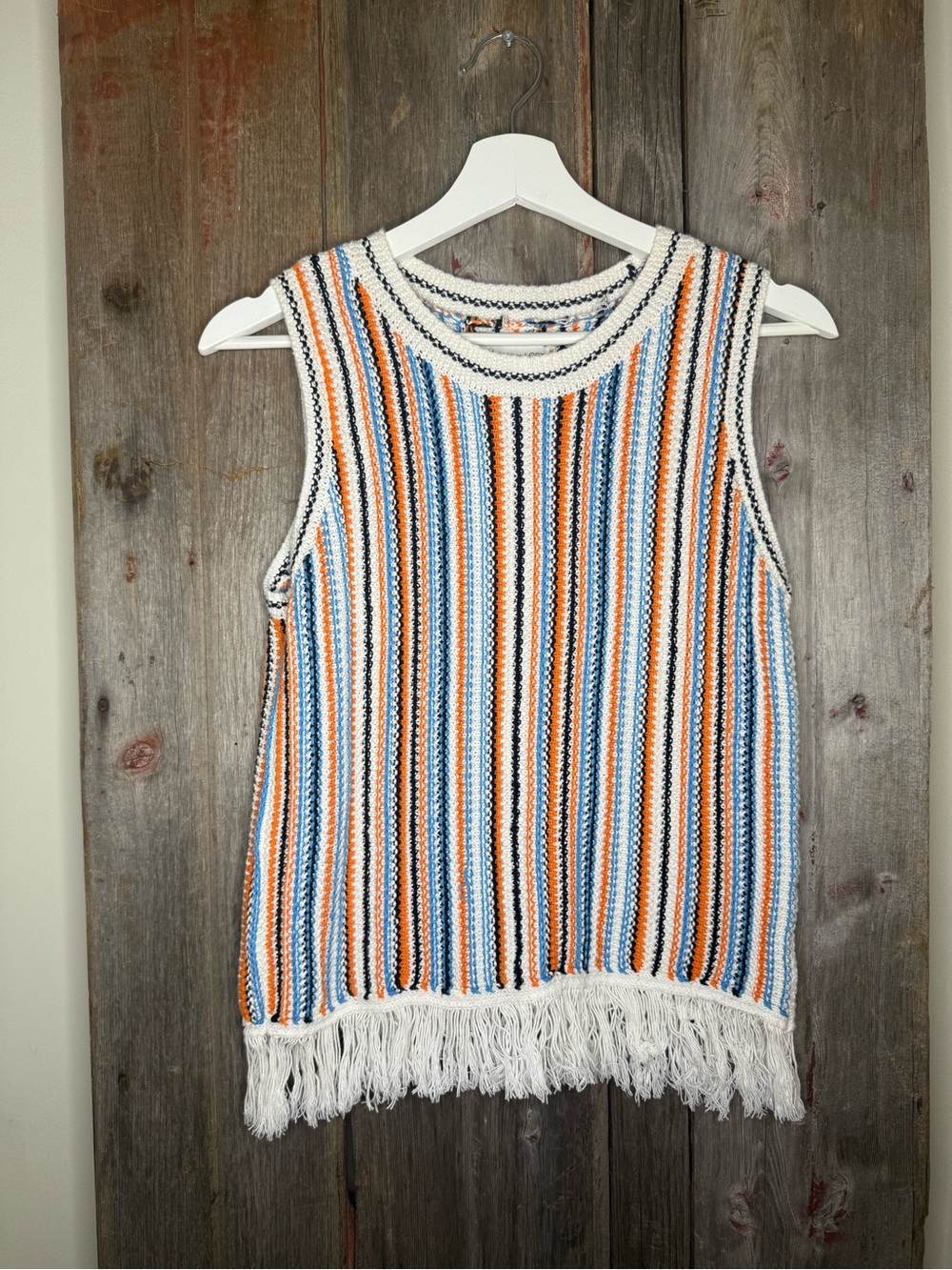 LOFT Sleeveless Fringe Crochet Knit Sweater Tank Top - White, Blue & Orange S